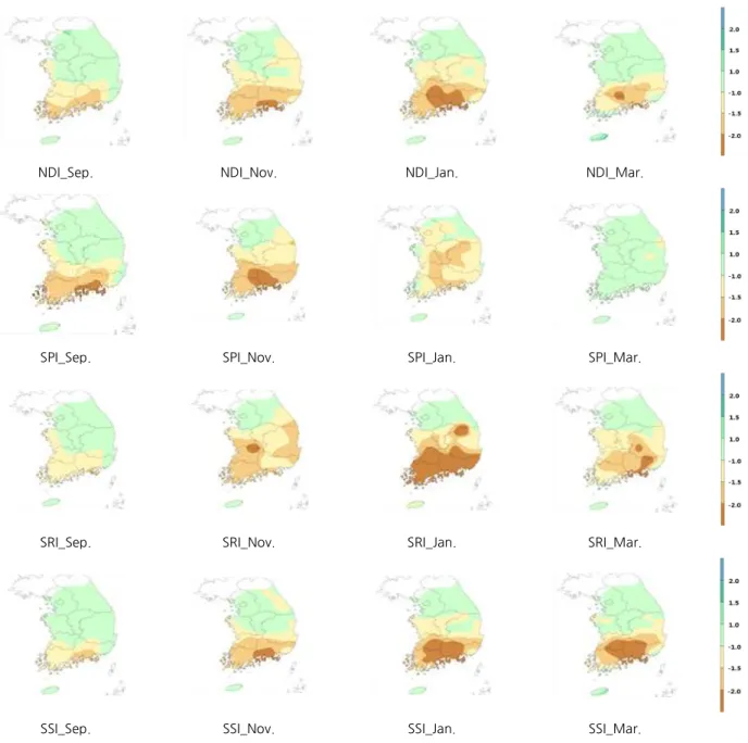 Fig. 7. Spatial analysis of SPI, SRI, SSI and NDI (2008.09∼2009.04)