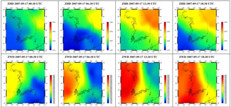 Fig.  6  Variation  of  tropospheric  delay  grid  map  (up:  ZHD,  down:  ZWD)우리나라에  상륙한  후  소멸했던  9월  17일(DOY  260)이었고, Fig