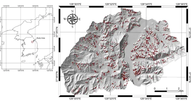 Fig. 3. Shaded relief map of study area with landslide location.