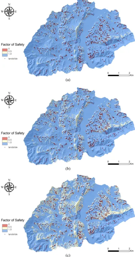 Fig. 6. Factor of safety evaluated using groundwater levels of (a) 30%, (b) 50% and (c) 80%.