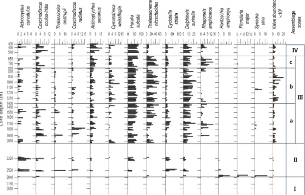 Fig. 3. Assemblage zones and down-core variations of relative abundance of selected species and valve abundance.
