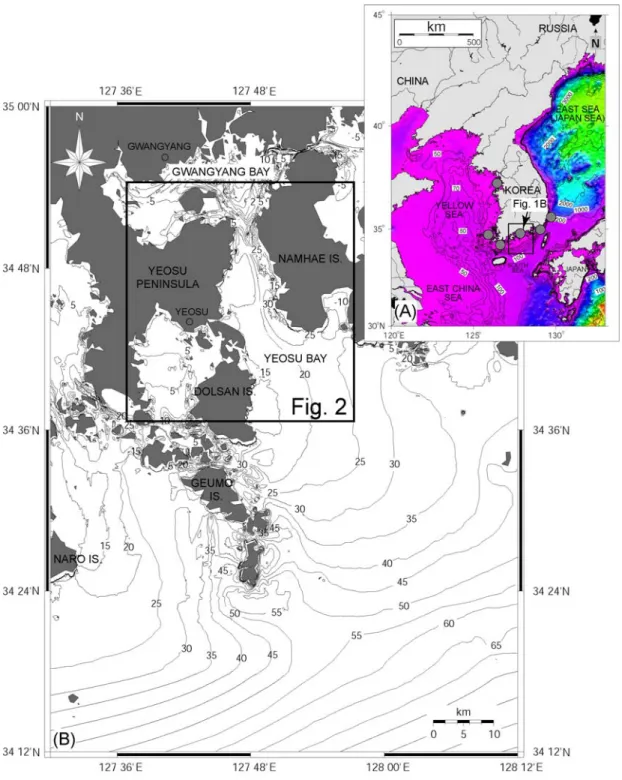 Fig. 1. (A) Physiographic map of Korean Peninsula and surrounding seas. Solid circles indicate shallow gas occur- occur-rences in inner shelf area of Korea