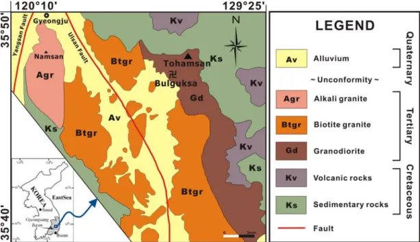 Fig. 1. Geological map around Bulguksa in Gyeongju (modified from Seo, 2002).강암은 신생대 에오신에 관입한 이 지역 최후기 암체이다(Lee  et  al.,  1995)