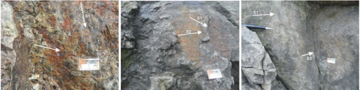 Fig. 3. Photos show relative chronology of the fault striations. Striation prior (S1) and posterior (S2) are representative of each fault movement in each photo.
