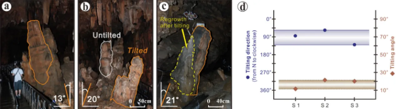 Fig. 7. Most of the damaged columns are displaced by sub-horizontal fault planes (a, b)