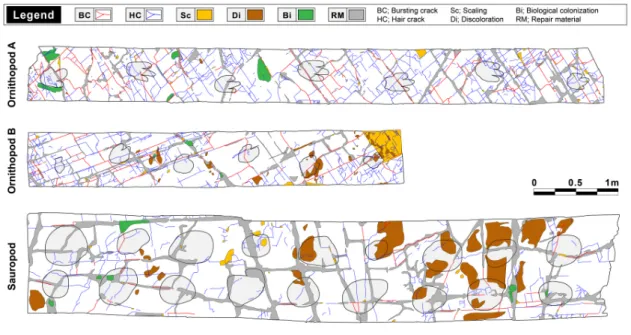 Fig. 7. Synthetic deterioration maps of the Daechiri dinosaur trackways in Haman.