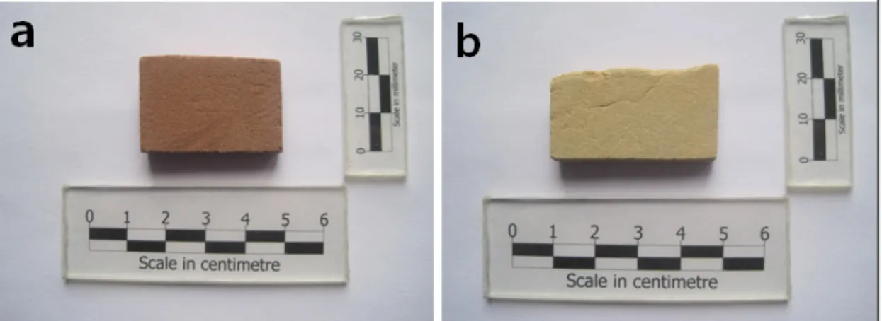 Fig. 3. Photographs of unbleached (a) and bleached (b) rock slabs. The rock slabs show different colors due to the bleaching effects of CO 2 -charged groundwater.