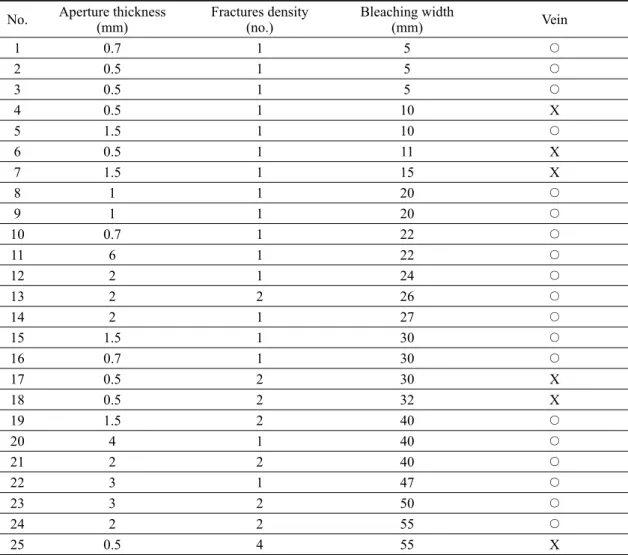 Table 1. Outcrop data for fracture aperture, density and bleaching width.