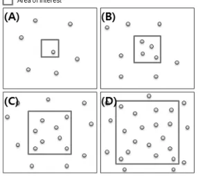 Fig.  2.  Visualization  of  point  data  using  LOD.  (A),  (B),  (C),  and  (D):  Point  data  of  zoom  level  12,  zoom  level  13,  zoom  level  l4,  zoom  level  15,  respectively.