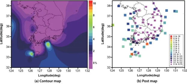 Fig. 2. Horizontal distribution and post map for the rate of occurrence of strong wind by point at ASOS, Bouy, and Beacon  from 1904 to 2019.