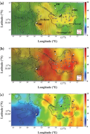 Fig. 8. Spatial distributions of the simulated PM 2.5  concen- concen-trations averaged from all grids in the 1 km model domain (D4)
