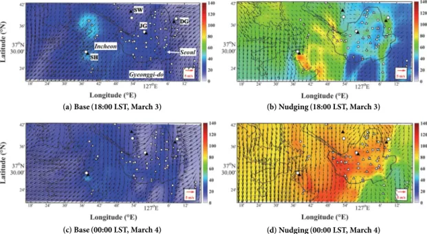 Fig. 9. Spatial distributions of PM 2.5  concentrations simulated at 18:00 LST on March 3, 2019 and 00:00 LST on March 4, 2019  for Base and Nudging cases.