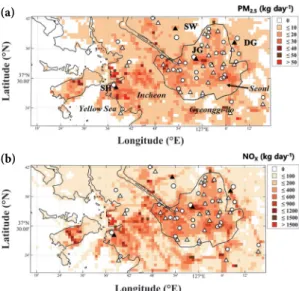 Fig. 2. The spatial distributions of the emissions (kg day -1 )  of (a) PM 2.5  and (b) NO x  in the 1 km model domain (D4)