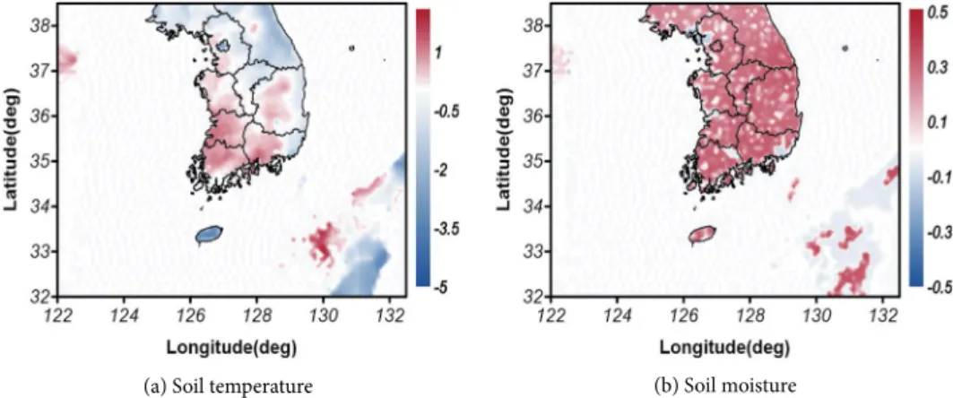Fig. 5. Horizontal distribution of difference between GDAPS and GFS. (a) and (b) shows a difference in soil temperature, and  soil moisture, respectively