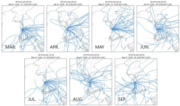 Fig. S1. Forward trajectory path from Boryeong power plant during every day of each months for 48 hours.