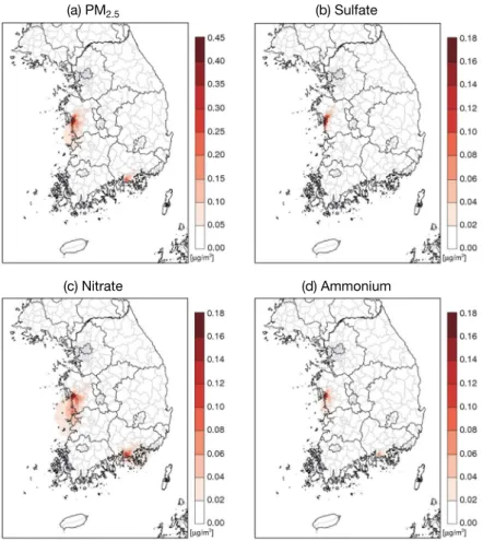 Fig. 6. The spatial distribution of shutdown effect of the old coal-fired power plants except NH 3  emissions for (a) PM 2.5 , (b)  sulfate, (c) nitrate, and (d) ammonium.
