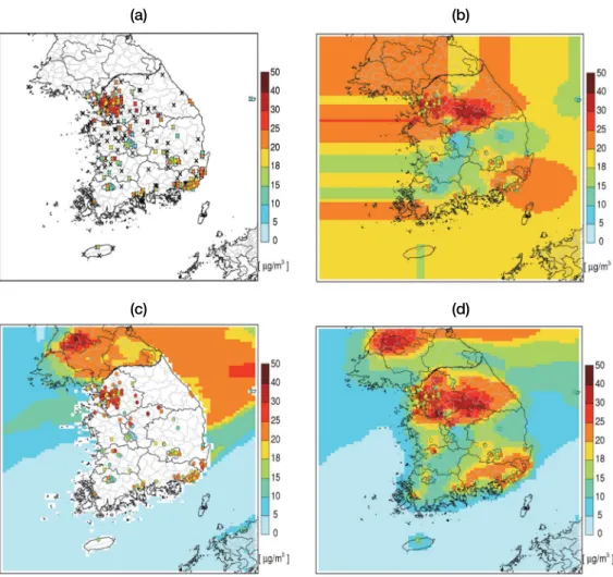 Fig. 3. Spatial plots of (a) observed daily mean PM 2.5  concentrations, (b) spatially interpolated PM 2.5  concentration field with  the observations only, (c) the observations and modeled PM 2.5  concentrations for spatial interpolation, and (d) a PM 2.5