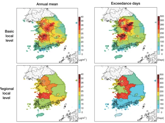 Fig. 4. Annual mean PM 2.5  concentrations (left), and the number of PM 2.5  exceedance days ( > daily mean 35 µg/m 3 ) for basic (top) and regional (bottom) local governments during 2015~2017