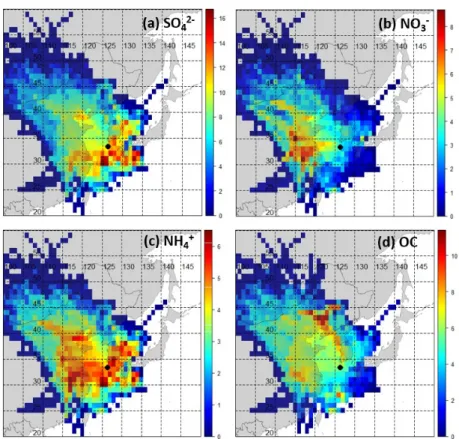 Fig. 9. Concentration Weighted Trajectory (CWT) of SO 4 2- , NO 3 - , NH 4 + , and OC for PM 2.5  range 36~75 μgm -3  (“bad”) (72 h  backward trajectory of 600 m height).