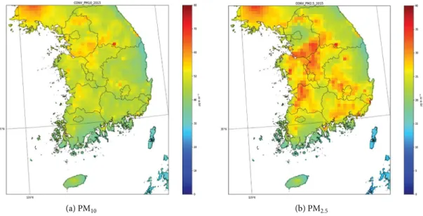 Fig. 10. Reanalyzed annual PM 10  and PM 2.5  distributions.