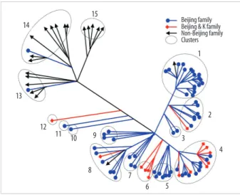 Fig. 2. Distance-based neighbor joining phylogenetic tree of 96 Mycobacte- Mycobacte-rium tuberculosis isolates based on based on mycobacterial interspersed  re-petitive units-variable number of tandem repeats of 16 loci reveals 12  clus-ters (dotted circl