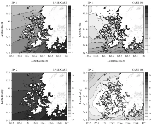 Fig. 4. Computed sea surface temperature (� � C) of the fine domain for two episodes. 