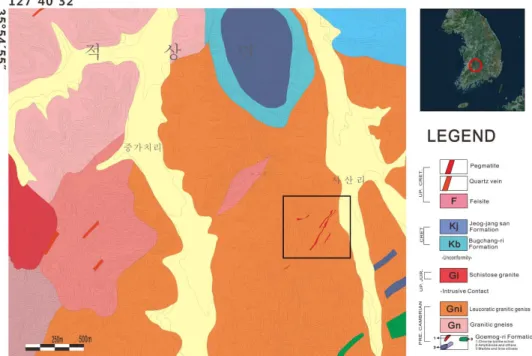 Fig. 1. Geological map of the study area and location of pegmatites (the square box), shown in Fig