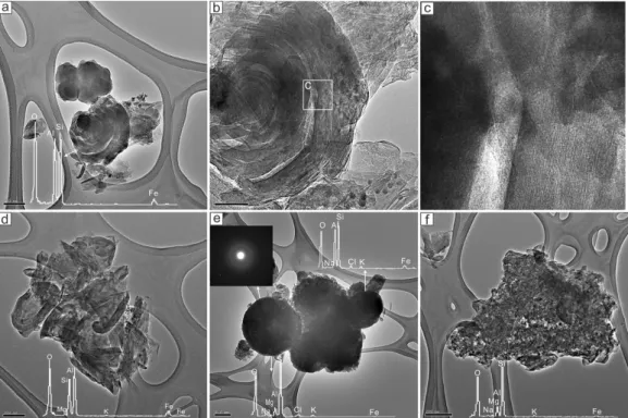 Fig. 3. Transmission electron microscopy of alteration products. (a), (b) Onion-like internal structure of spherical halloysite