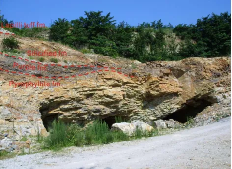 Fig. 2. One of quarries of the Mingyung mine in the Nowhado. Pyrophyllite formation with purple beds, sili- sili-cified formation, and lapilli tuff formation from the bottom to the surface
