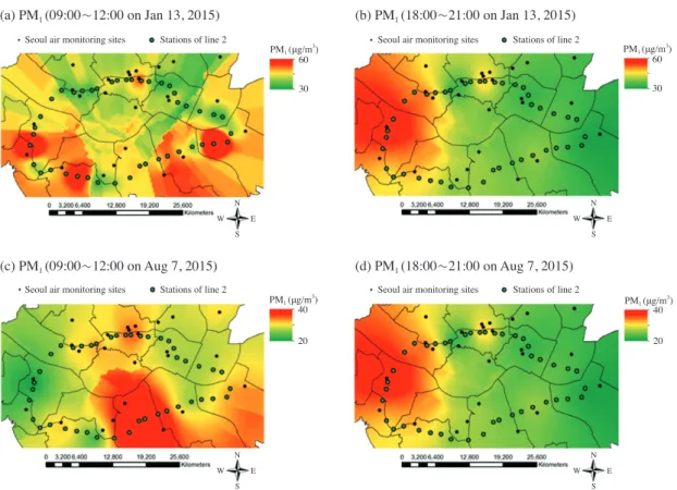 Fig.  9.    PM 1  pollution maps developed by using monitored PM 10  DB and calculated PM 1 /PM 10  mass ratios near the area  of the Seoul subway line-2.