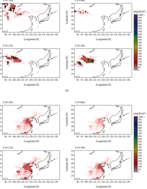 Fig. 4.   Spatial distributions of (a) hourly Asian dust emissions (mg/h/m 2 ) calculated by threshold friction velocity (u* t )  and vegetation information, as shown in Eq