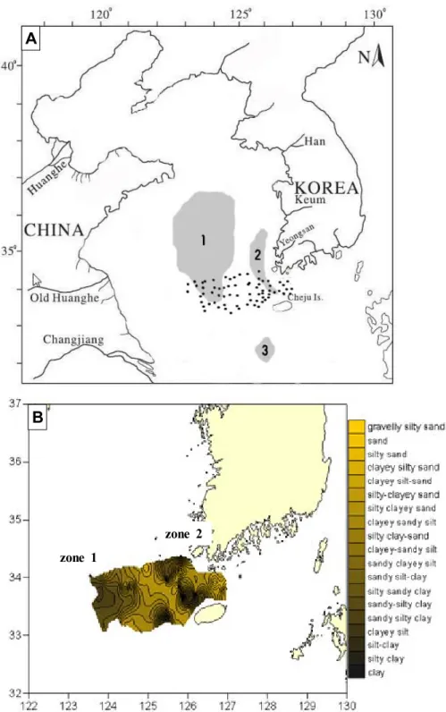 Fig. 1. Map showing (A) grab sample locations and mud patches in the Yellow Sea and adjacent areas (after Yang  et al., 2003) and (B) sediment types based on the Yi’s classification (2004) in the study area
