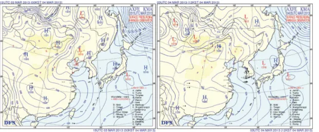 Fig.  2.    Surface  weather  map (including dust observation information as a red circles) during Asian dust event in this  study: (a) 18 KST APR 07, 2013 and (b) 12 KST APR 09, 2013.