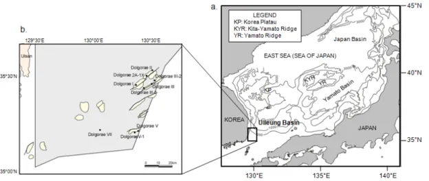 Fig. 1. Physiographic map of the East Sea (a) and the location of the Dolgorae wells (b).
