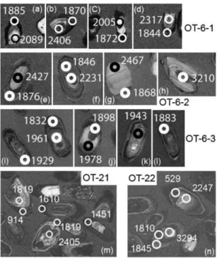 Fig. 3. Representative CL images of the analysed zircons with the spot U-Pb ages.