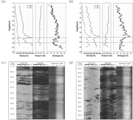 Fig. 7. Full waveform sonic and γ−γ logging data from boreholes (a) BH-1 and (b) BH-2