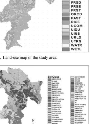 Fig. 6. Soil map of the study area. Fig. 8. Simulated variations in groundwater level at the lower dam.