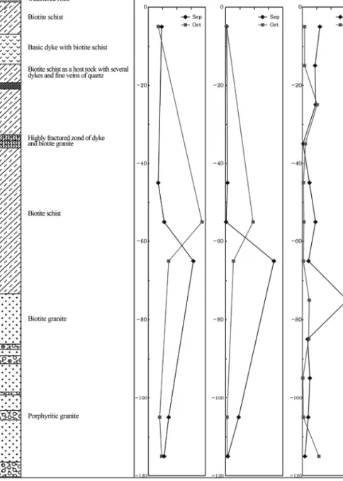 Fig. 4. Geological column of the borehole, showing the depth distribution of radioactive material in groundwater and rock samples.