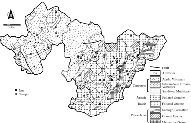 Fig. 1. Geological and sampling site map on the studied area.