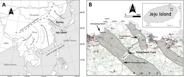 Fig. 1. A) Location of Jeju Island. Arrows indicate generalized modern summer monsoonal winds and winter  monsoonal winds