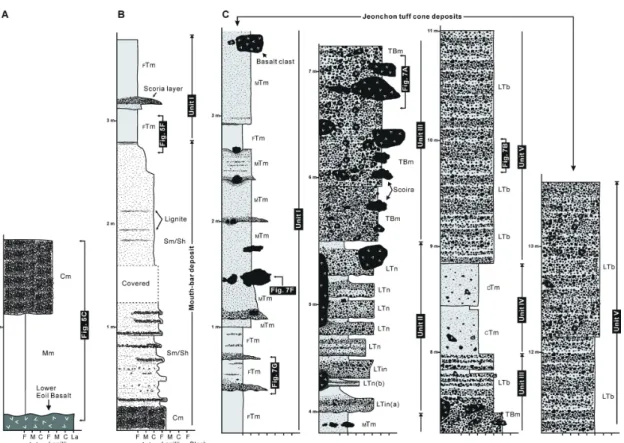 Fig. 6. Columnar logs of the Jeonchon tuff cone sequence, consisting of five depositional units