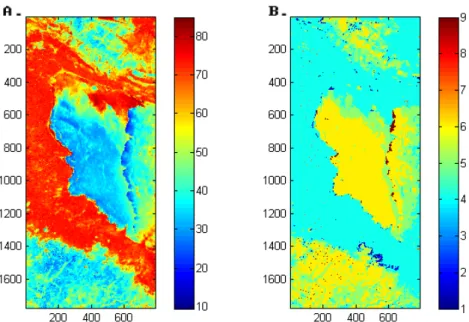 Fig. 1 Result of A) Alpha distribution and B) Alpha/Entropy distribution over northwest area