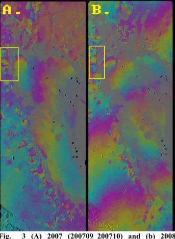 Fig.  3 (A) 2007 (200709_200710) and (b) 2008  (200809_200810) interferometric pairs. Compared  with Fig.3A and B, fringe pattern is opposite direction