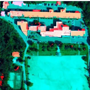 Figure 4. the result of each step (a) building pixels  from LiDAR (b) segmented image (c) extracted  building objects after applying the definite rule (d)  the result after closing process