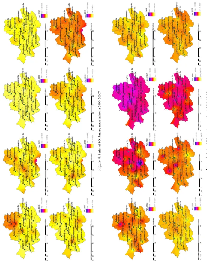 Figure 4. Series of SO 2 January mean values in 2000~20007  Figure 5. Series of PM 10 April mean values in 2000~20007