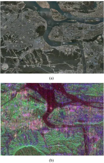 Figure 2. Verification of the new algorithm with the  PALSAR image of Choon-chun area; (a) Aerial photo  and (b) DoP-CPD decomposition with Ps (blue), Pd (red), 