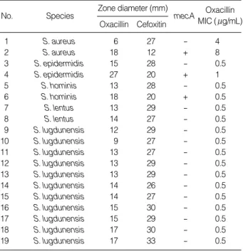 Table 2. Detection of mecA in strains with discrepant oxacillin and cefoxitin disk tests 