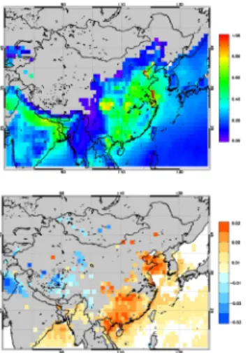 Figure  1.  (upper)  MODIS  9  year  mean  AOT  and  (lower)  annual  changes  (AOT/year)  in  AOT  obtained  from  a  linear  regression