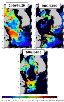 Fig. 1. The images of suspended solid particle  distribution obtained from SeaWiFS using Ahn's  SS algorithm at the East China Sea in April  every year from 1998 to 2008