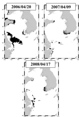 Fig. 2. The images of suspended solid particle  distribution (range: over 10 g/m 3 ) obtained from  SeaWiFS using Ahn's SS algorithm at the East  China Sea in April every year from 1998 to  2008
